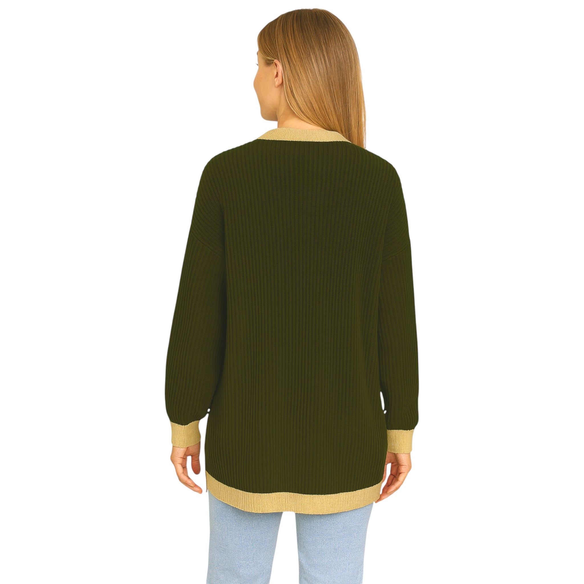 Ladies Italian edge to edge knitted cardigan in olive green with gold trim, soft ribbed knit open front cardigan for women, stylish lightweight layering knitwear.